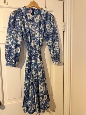 Blue Floral Long-Sleeve Tie-Waist Midi Dress